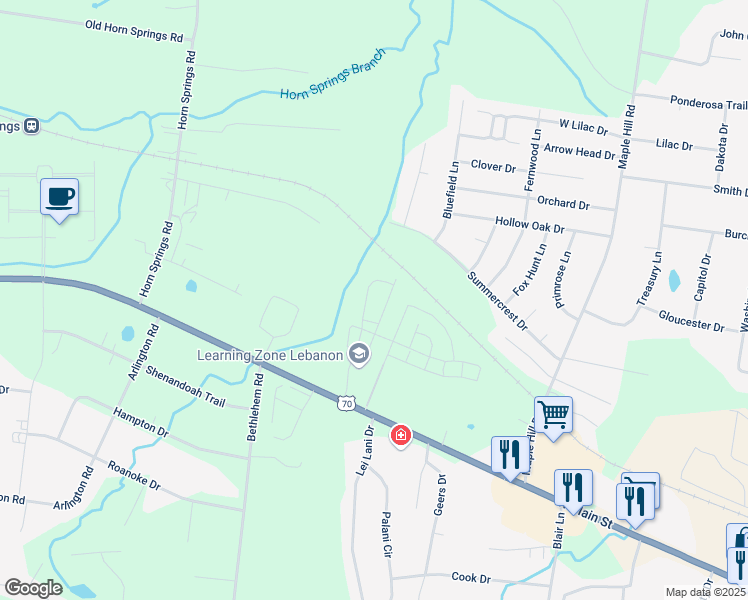 map of restaurants, bars, coffee shops, grocery stores, and more near 1205 West End Station Drive in Lebanon