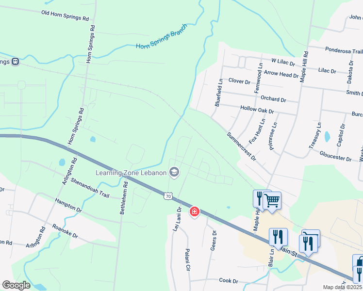 map of restaurants, bars, coffee shops, grocery stores, and more near 1205 West End Station Drive in Lebanon