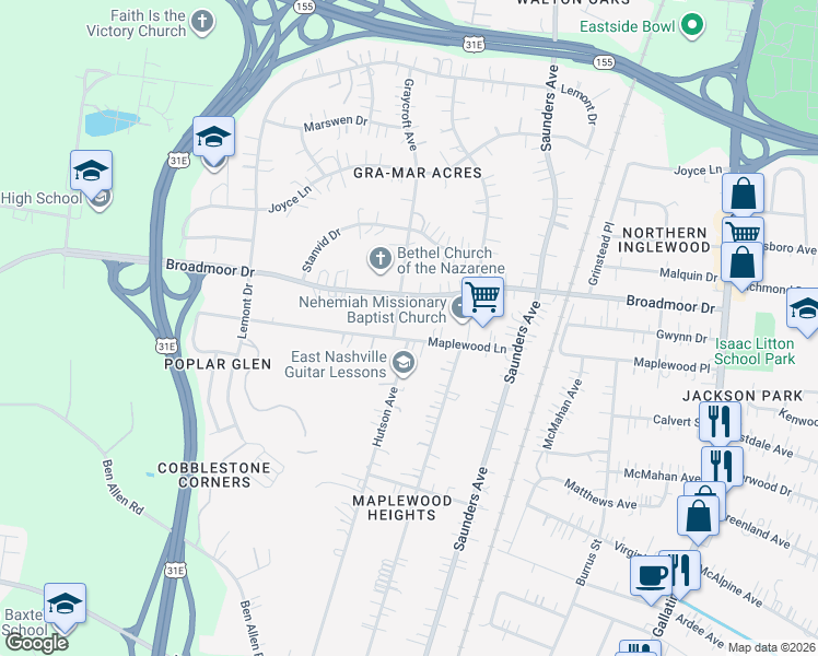 map of restaurants, bars, coffee shops, grocery stores, and more near 700 Maplewood Lane in Nashville