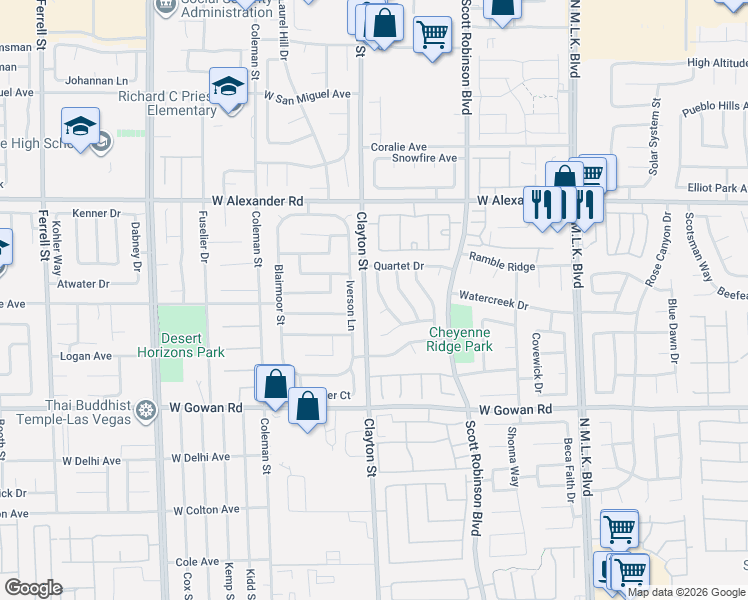 map of restaurants, bars, coffee shops, grocery stores, and more near 3825 Debussy Way in North Las Vegas