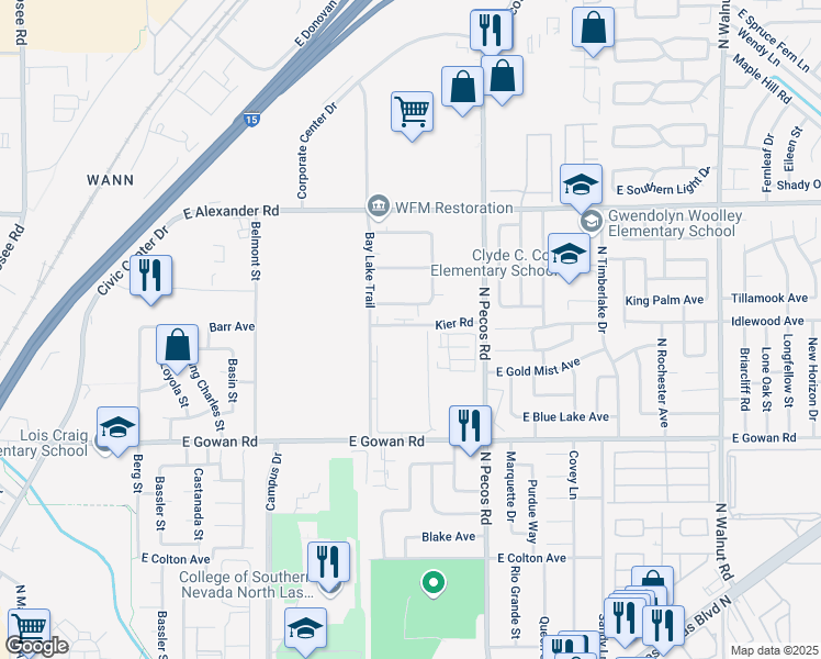 map of restaurants, bars, coffee shops, grocery stores, and more near 3435 Kier Road in North Las Vegas