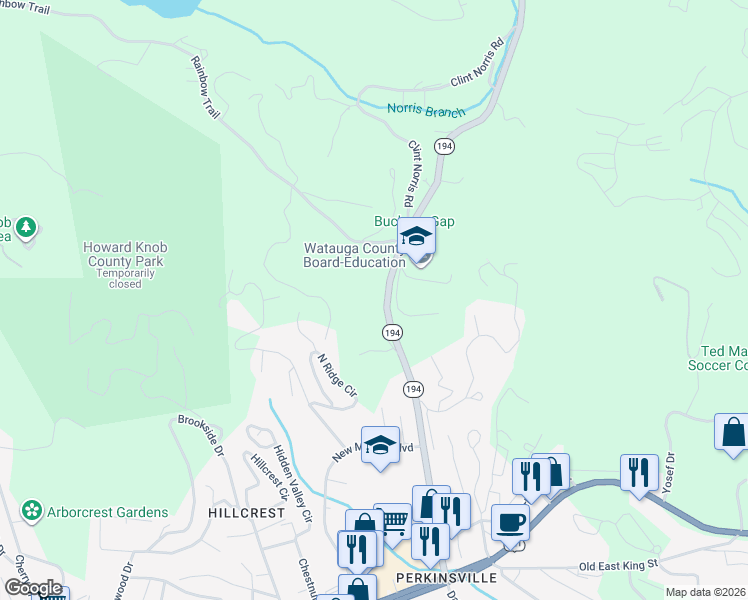 map of restaurants, bars, coffee shops, grocery stores, and more near 657 North Carolina 194 in Boone