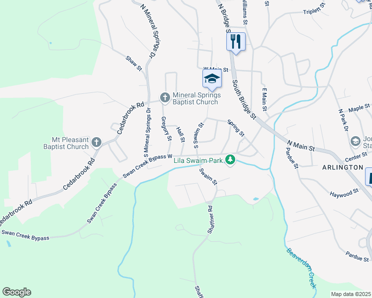 map of restaurants, bars, coffee shops, grocery stores, and more near 233 Hall Street in Jonesville
