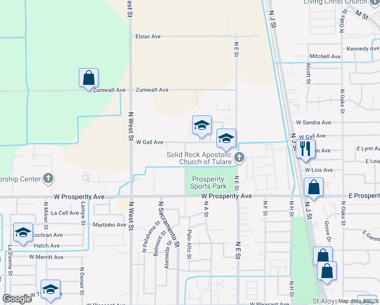 map of restaurants, bars, coffee shops, grocery stores, and more near 895 West Gail Avenue in Tulare