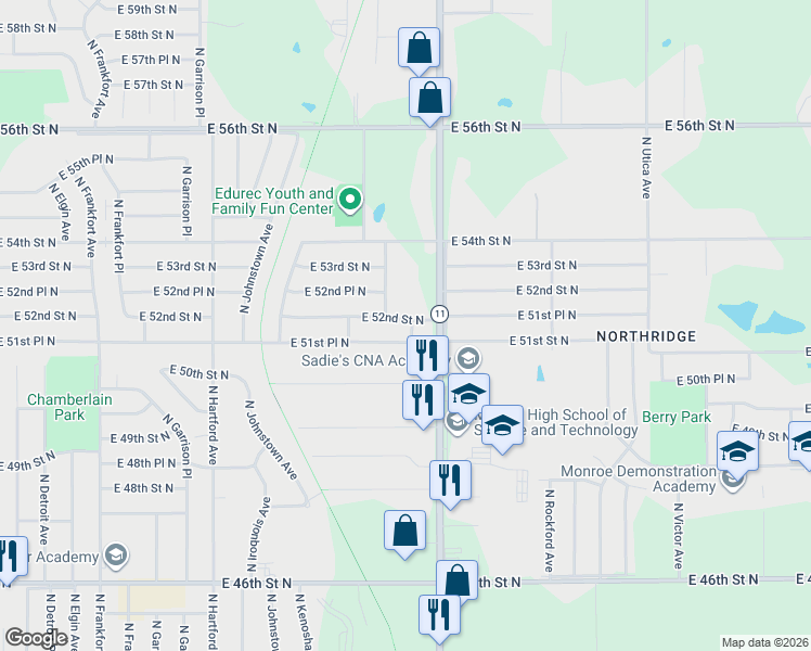map of restaurants, bars, coffee shops, grocery stores, and more near 1118 East 52nd Street North in Tulsa