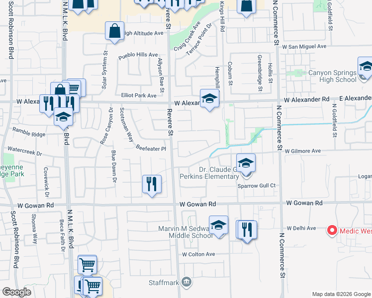 map of restaurants, bars, coffee shops, grocery stores, and more near 725 Bay Bridge Drive in North Las Vegas