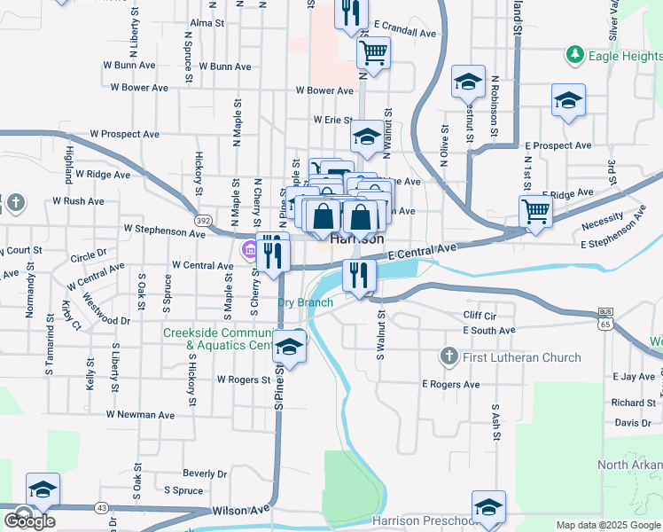 map of restaurants, bars, coffee shops, grocery stores, and more near W Central Ave & Willow St in Harrison