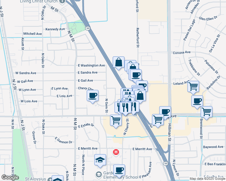 map of restaurants, bars, coffee shops, grocery stores, and more near 501-599 East Chevy Chase Drive in Tulare