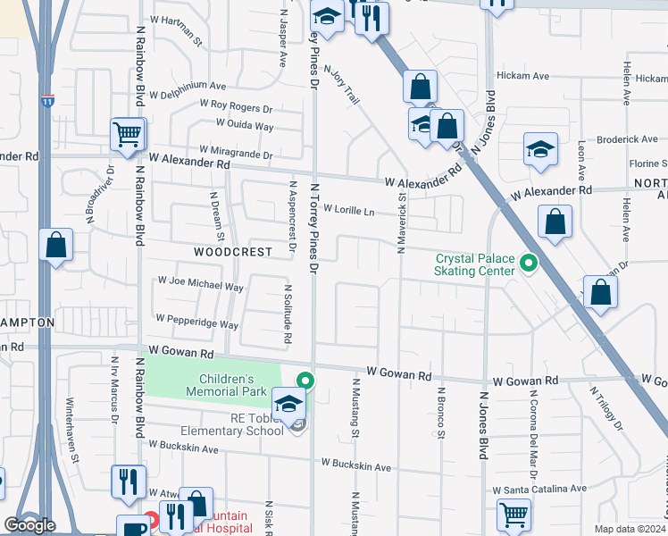 map of restaurants, bars, coffee shops, grocery stores, and more near 6313 West Crestfield Avenue in Las Vegas