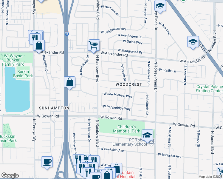 map of restaurants, bars, coffee shops, grocery stores, and more near 6625 West Pleasant Plains Way in Las Vegas