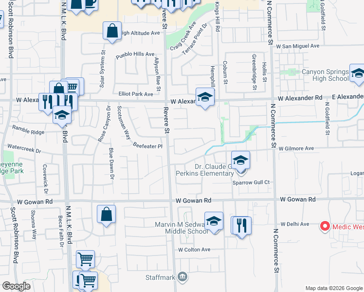 map of restaurants, bars, coffee shops, grocery stores, and more near 725 Bay Bridge Drive in North Las Vegas