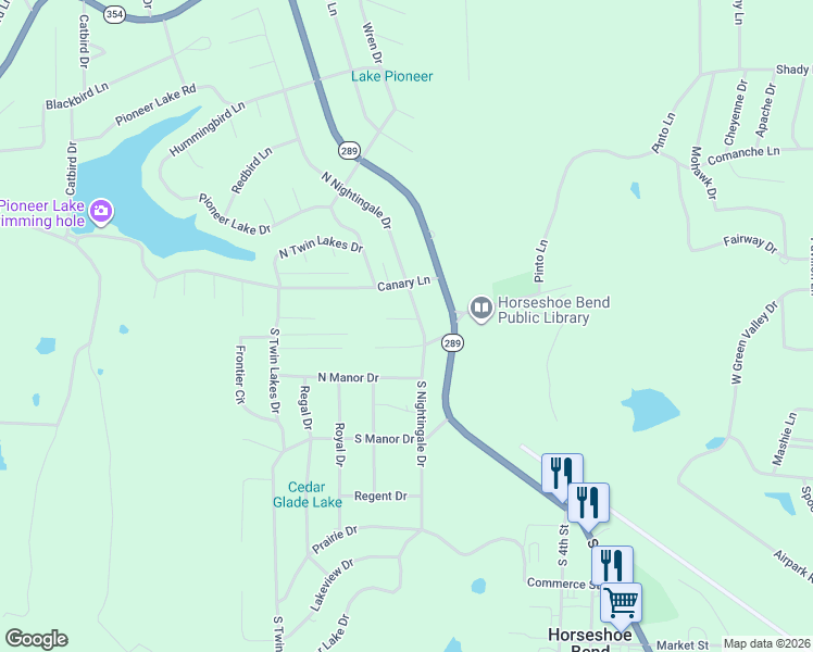 map of restaurants, bars, coffee shops, grocery stores, and more near 104 North Nightingale Drive in Horseshoe Bend