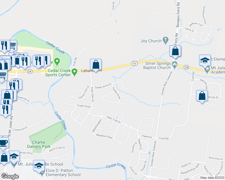 map of restaurants, bars, coffee shops, grocery stores, and more near 1513 Saddle View in Mount Juliet