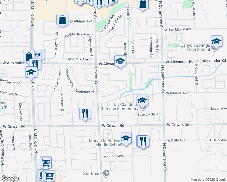 map of restaurants, bars, coffee shops, grocery stores, and more near 628 Bay Bridge Drive in North Las Vegas