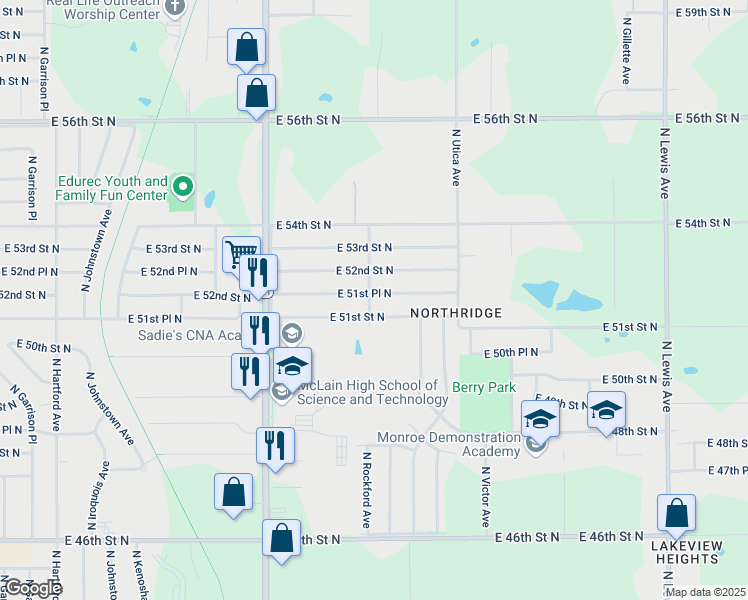map of restaurants, bars, coffee shops, grocery stores, and more near 1504 East 51st Place North in Tulsa