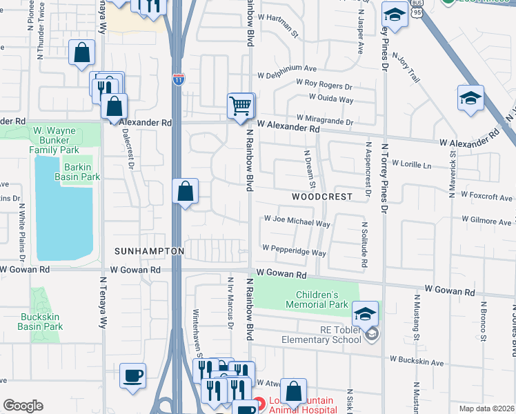 map of restaurants, bars, coffee shops, grocery stores, and more near 6665 West Gatehouse Lane in Las Vegas