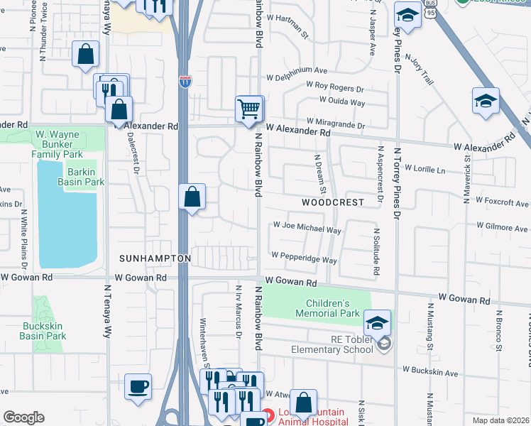 map of restaurants, bars, coffee shops, grocery stores, and more near 6665 West Gatehouse Lane in Las Vegas