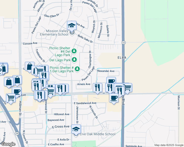 map of restaurants, bars, coffee shops, grocery stores, and more near 1671 Champagne Street in Tulare
