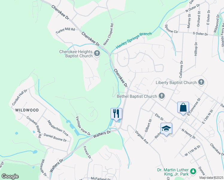 map of restaurants, bars, coffee shops, grocery stores, and more near 2131 Walters Drive in Morristown