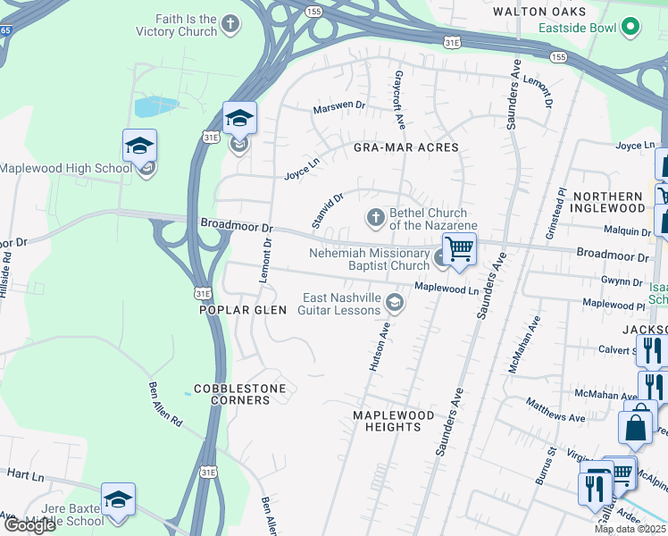 map of restaurants, bars, coffee shops, grocery stores, and more near 430 Broadmoor Drive in Nashville