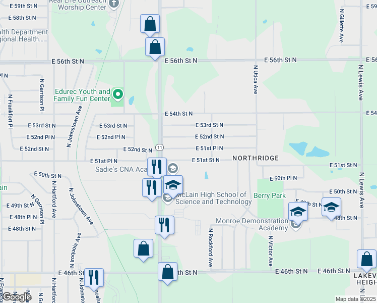 map of restaurants, bars, coffee shops, grocery stores, and more near 1358 East 52nd Street North in Tulsa