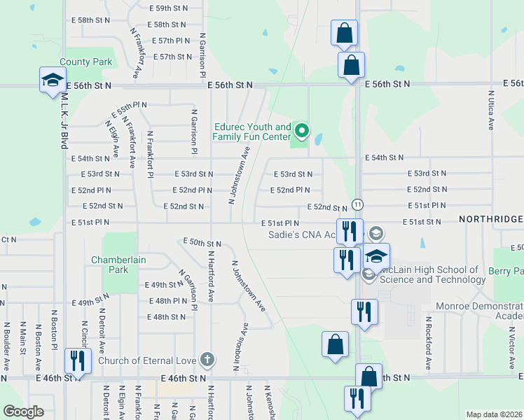 map of restaurants, bars, coffee shops, grocery stores, and more near 5214 North Kenosha Avenue in Tulsa