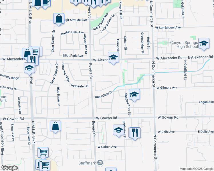 map of restaurants, bars, coffee shops, grocery stores, and more near 628 Bay Bridge Drive in North Las Vegas