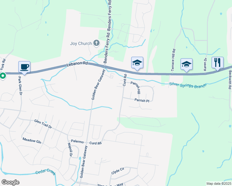 map of restaurants, bars, coffee shops, grocery stores, and more near 3075 Curd Road in Mt. Juliet