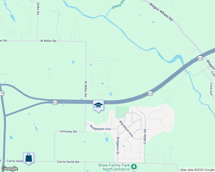 map of restaurants, bars, coffee shops, grocery stores, and more near 7746 West Miller Road in Springdale
