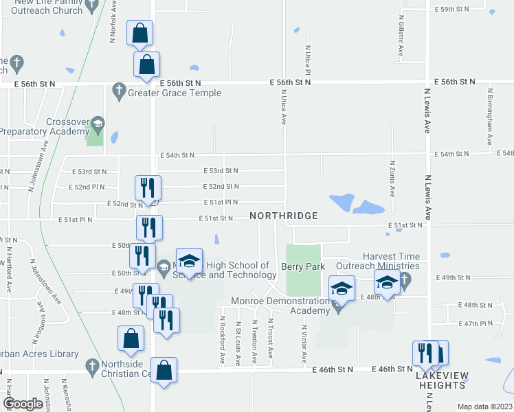 map of restaurants, bars, coffee shops, grocery stores, and more near 1548 East 51st Place North in Tulsa