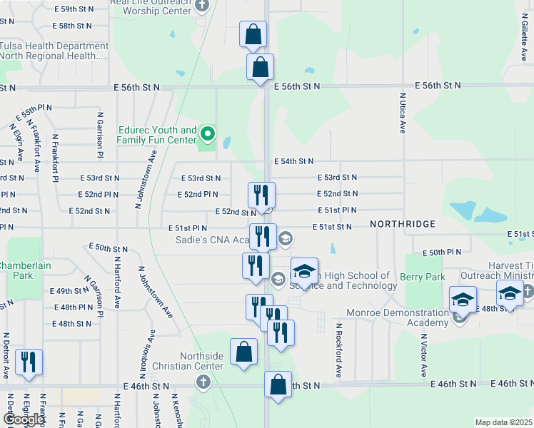 map of restaurants, bars, coffee shops, grocery stores, and more near 5129 North Peoria Avenue in Tulsa