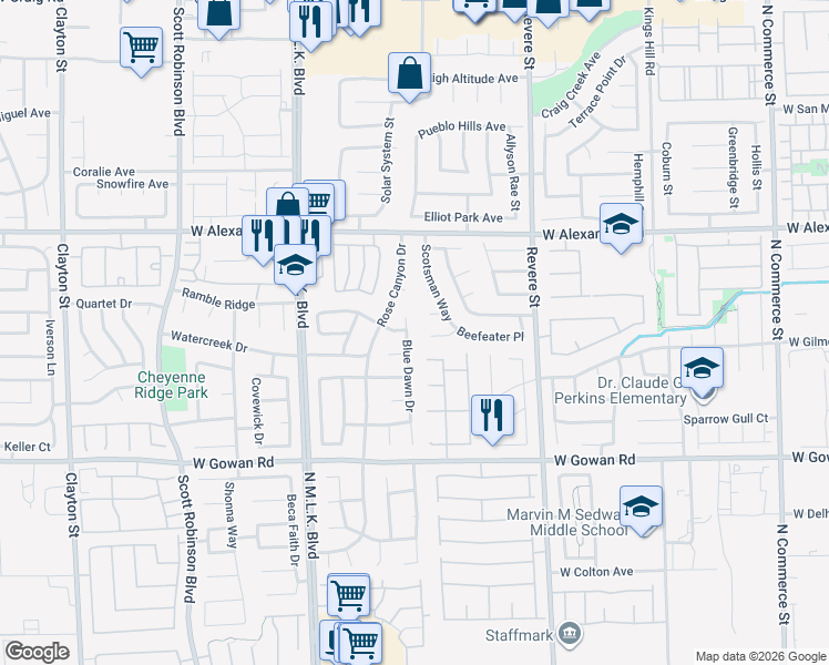 map of restaurants, bars, coffee shops, grocery stores, and more near 3808 Blue Dawn Drive in North Las Vegas