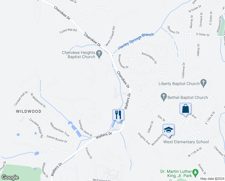 map of restaurants, bars, coffee shops, grocery stores, and more near 2131 Walters Drive in Morristown