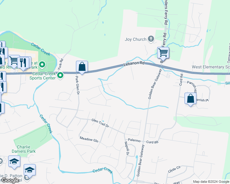 map of restaurants, bars, coffee shops, grocery stores, and more near 1442 Saddle Creek Drive in Mount Juliet