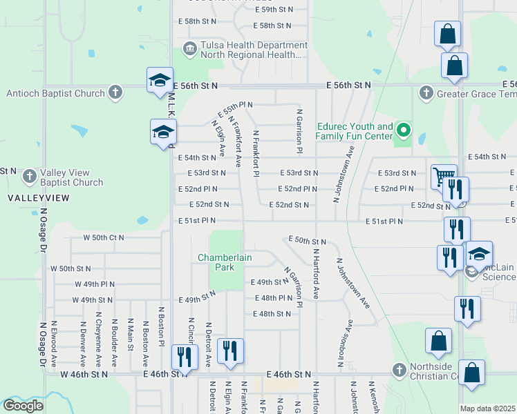 map of restaurants, bars, coffee shops, grocery stores, and more near 526 East 52nd Street North in Tulsa