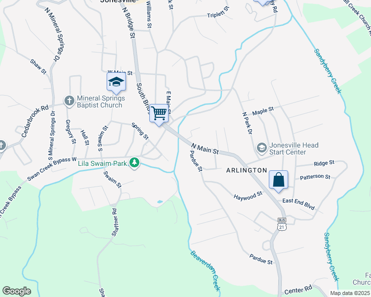 map of restaurants, bars, coffee shops, grocery stores, and more near 264 North Main Street in Jonesville