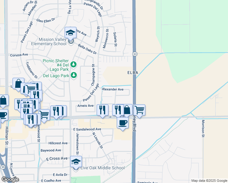map of restaurants, bars, coffee shops, grocery stores, and more near 2057 Alexander Avenue in Tulare