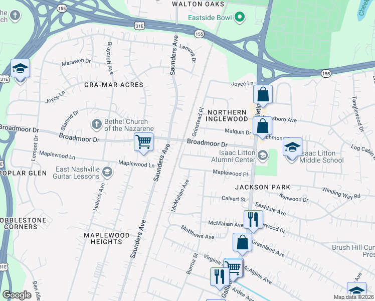 map of restaurants, bars, coffee shops, grocery stores, and more near 4314 Saunders Avenue in Nashville