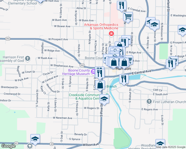 map of restaurants, bars, coffee shops, grocery stores, and more near 124 South Cherry Street in Harrison