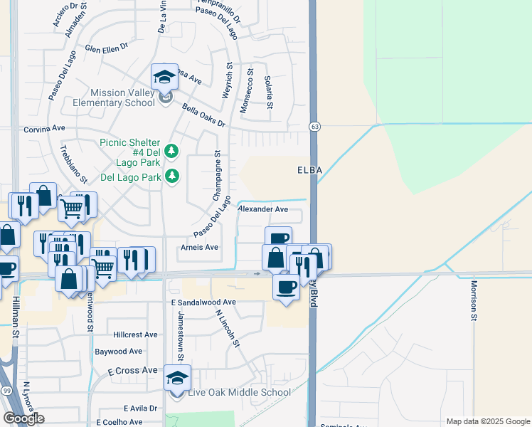 map of restaurants, bars, coffee shops, grocery stores, and more near 2127 Alexander Avenue in Tulare