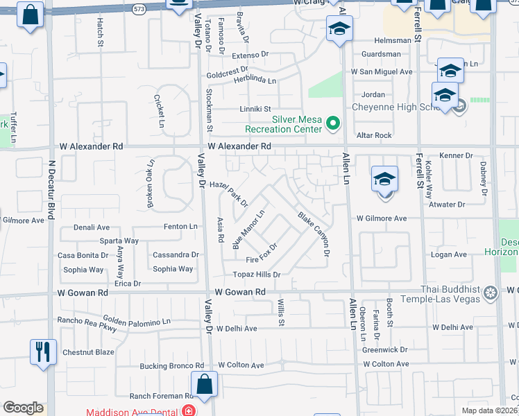 map of restaurants, bars, coffee shops, grocery stores, and more near 4078 Blue Manor Lane in North Las Vegas