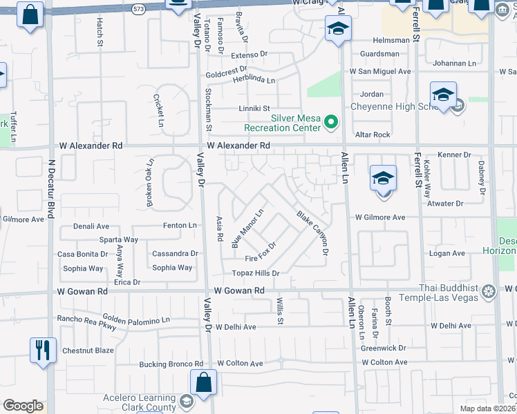 map of restaurants, bars, coffee shops, grocery stores, and more near 4078 Blue Manor Lane in North Las Vegas