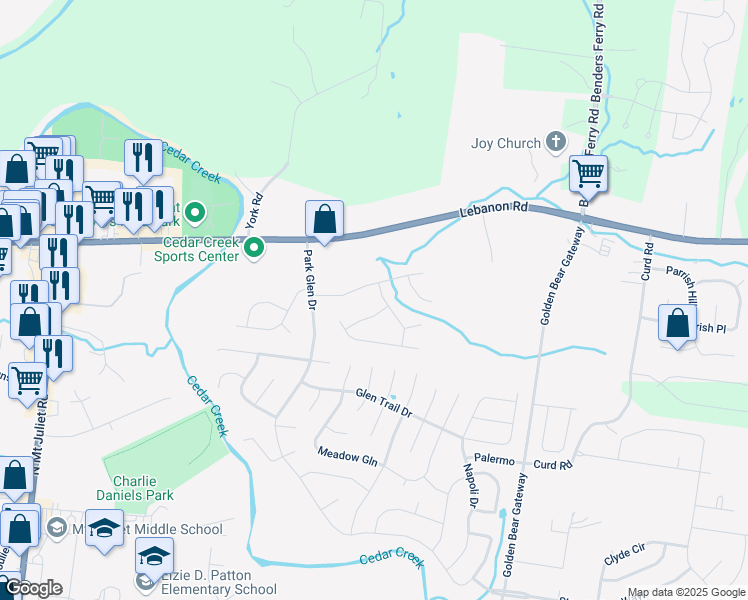 map of restaurants, bars, coffee shops, grocery stores, and more near 1205 Saddle Brook in Mt. Juliet