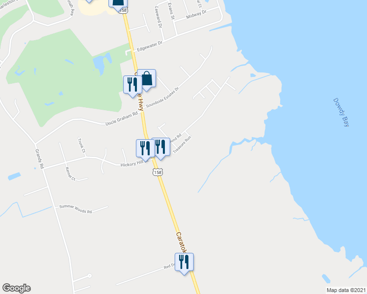 map of restaurants, bars, coffee shops, grocery stores, and more near 110 Treasure Run in Grandy
