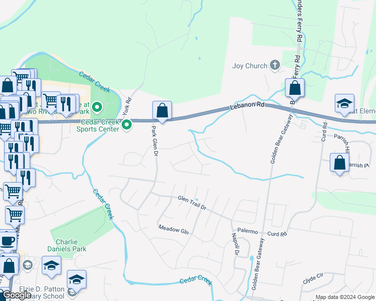 map of restaurants, bars, coffee shops, grocery stores, and more near 1205 Saddle Brook in Mt. Juliet