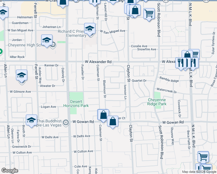 map of restaurants, bars, coffee shops, grocery stores, and more near 3840 Blairmoor Street in North Las Vegas