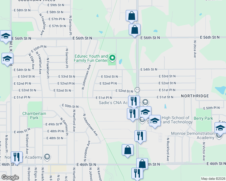 map of restaurants, bars, coffee shops, grocery stores, and more near 864 East 52nd Place North in Tulsa