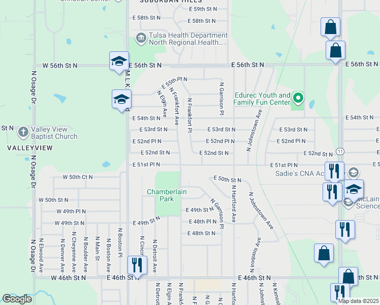 map of restaurants, bars, coffee shops, grocery stores, and more near 5204 North Frankfort Place in Tulsa