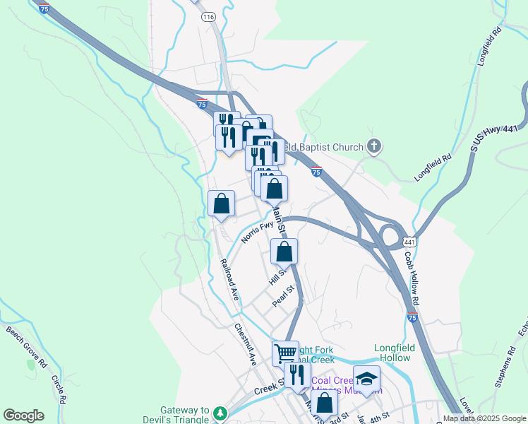 map of restaurants, bars, coffee shops, grocery stores, and more near 516 Wallace Avenue in Rocky Top