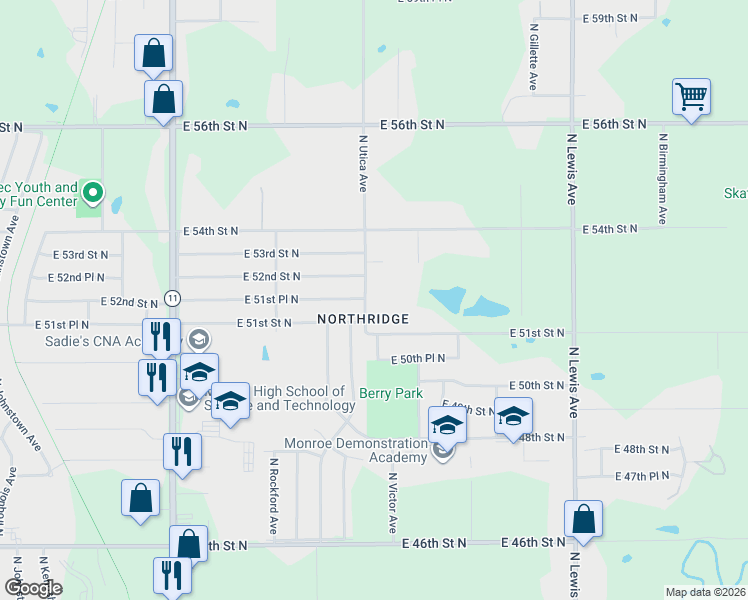 map of restaurants, bars, coffee shops, grocery stores, and more near 5149 North Utica Avenue in Tulsa